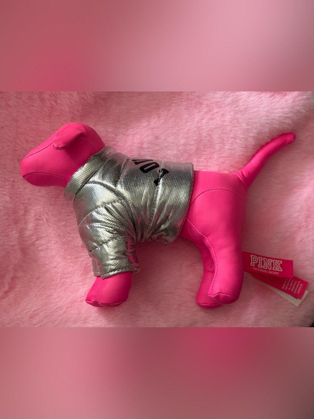 PINK Victoria's Secret Neon Pink Plush Dog with Silver Metallic Jacket